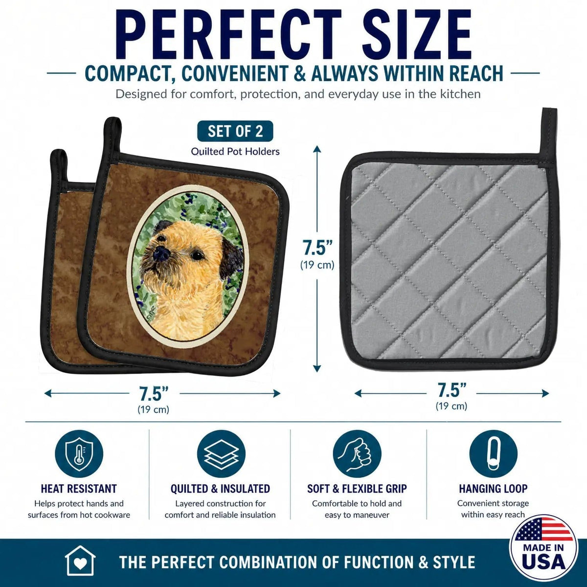 Pot Holder Set of 2 | Heat Resistant Quilted Hot Pads | 7.5 x 7.5 Inch | Border Terrier