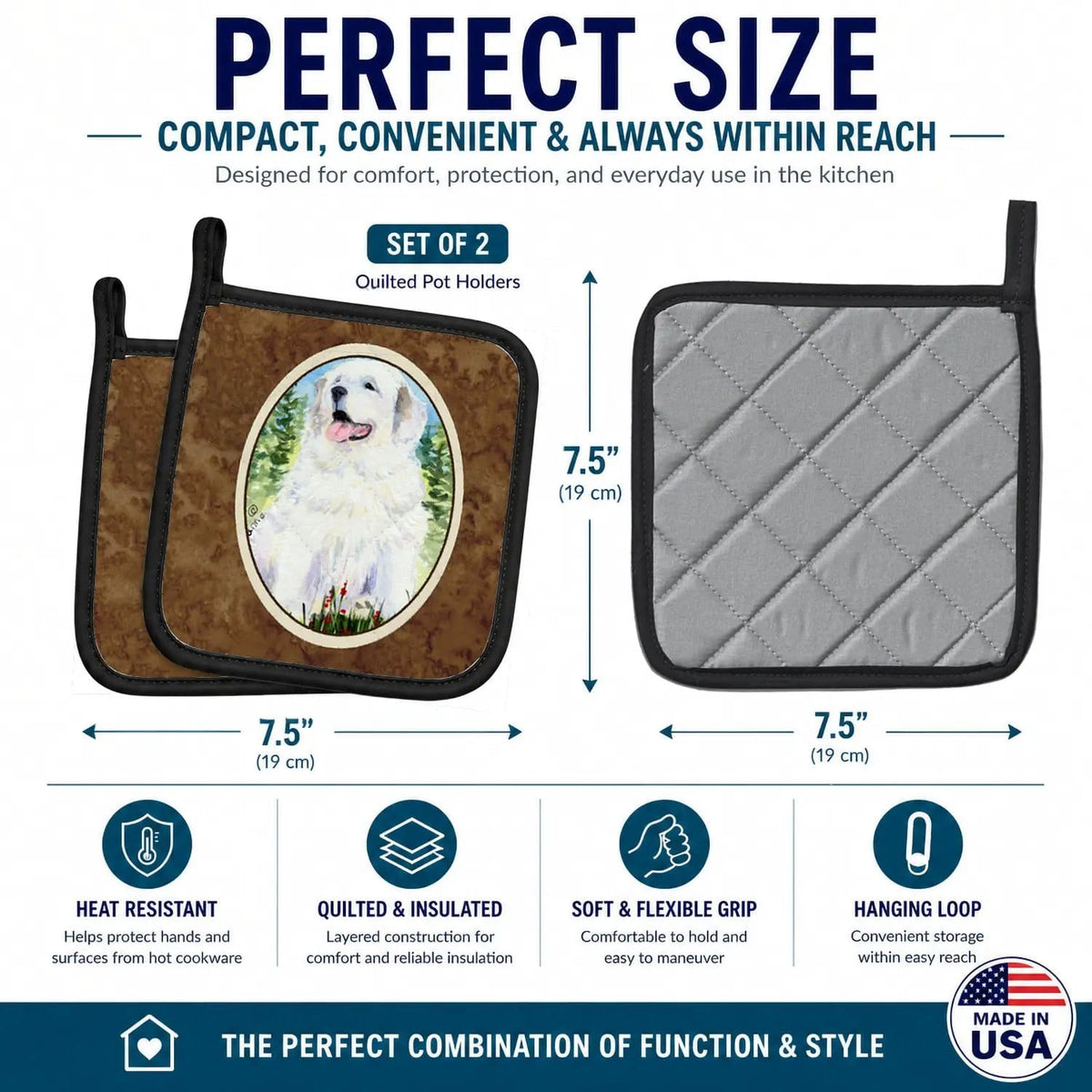 Pot Holder Set of 2 | Heat Resistant Quilted Hot Pads | 7.5 x 7.5 Inch | Great Pyrenees (Style 5)