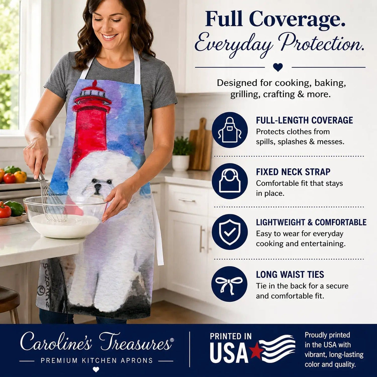 Kitchen Apron | Bib Style Unisex | 27"W x 30"H | Lighthouse with Bichon Frise