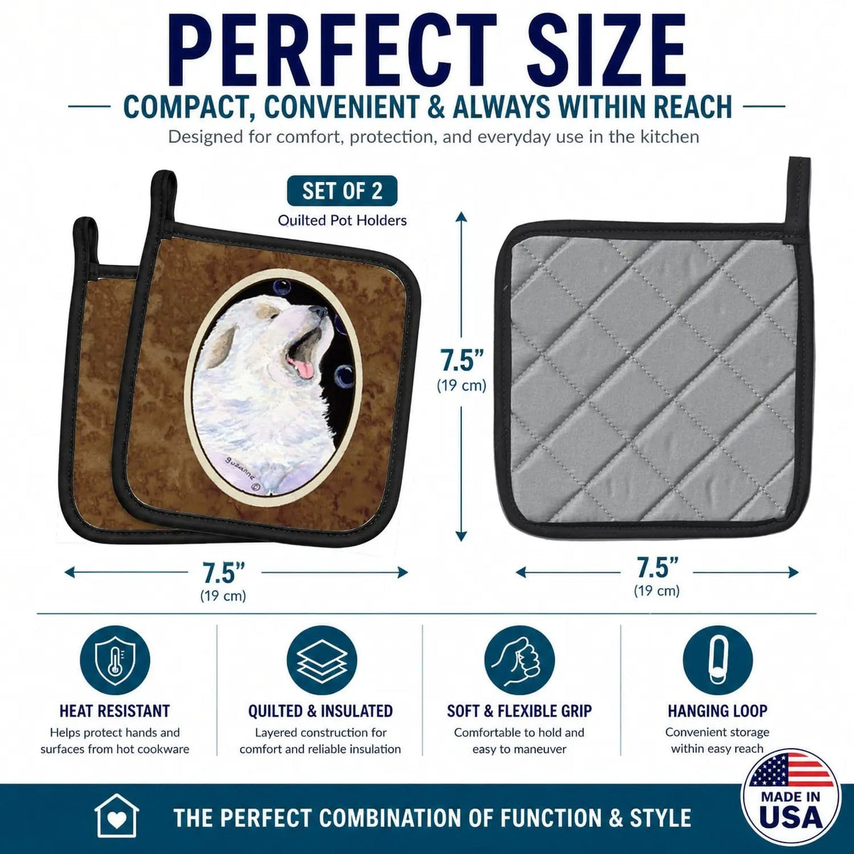Pot Holder Set of 2 | Heat Resistant Quilted Hot Pads | 7.5 x 7.5 Inch | Great Pyrenees (Style 7)