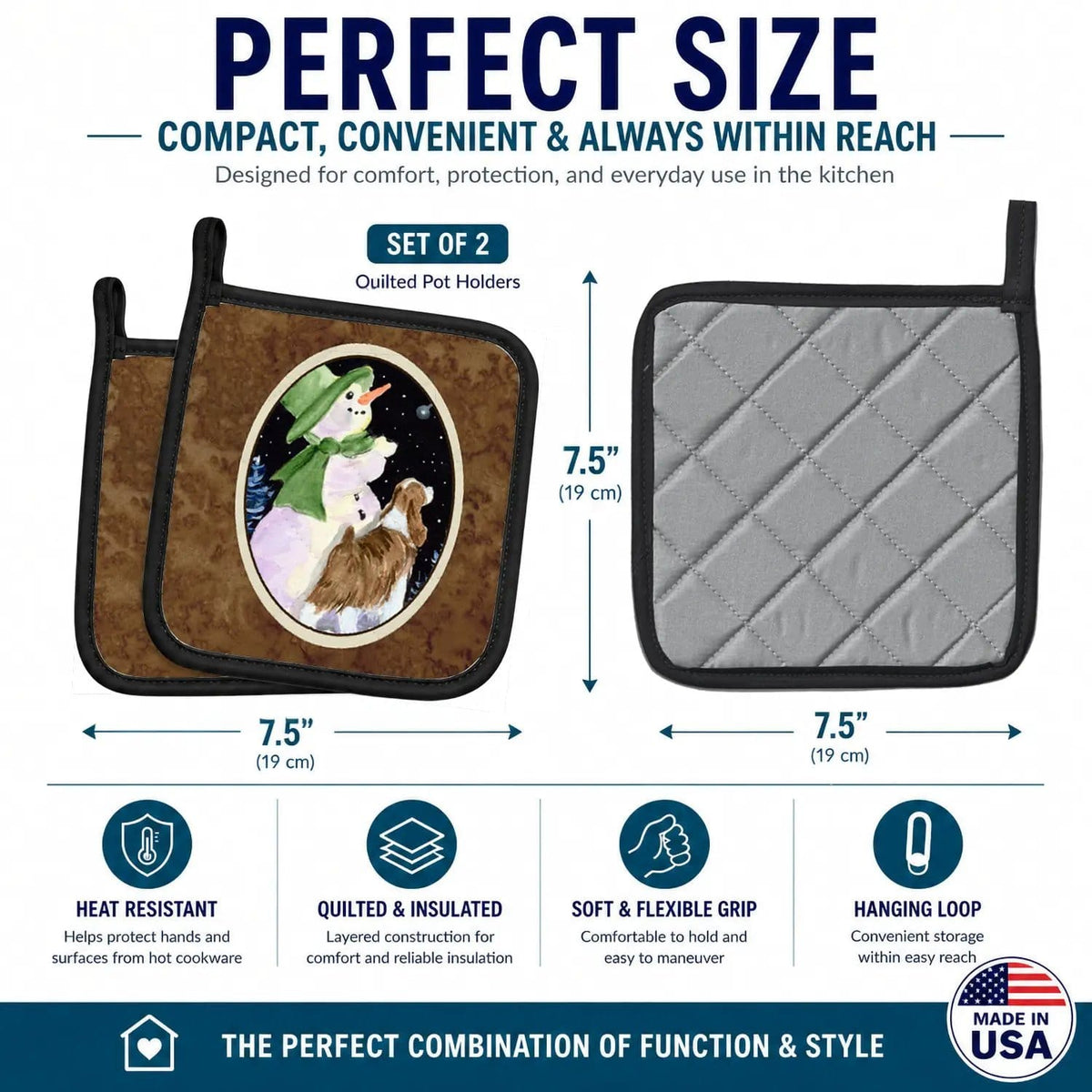 Pot Holder Set of 2 | Heat Resistant Quilted Hot Pads | 7.5 x 7.5 Inch | Snowman with English Springer Spaniel