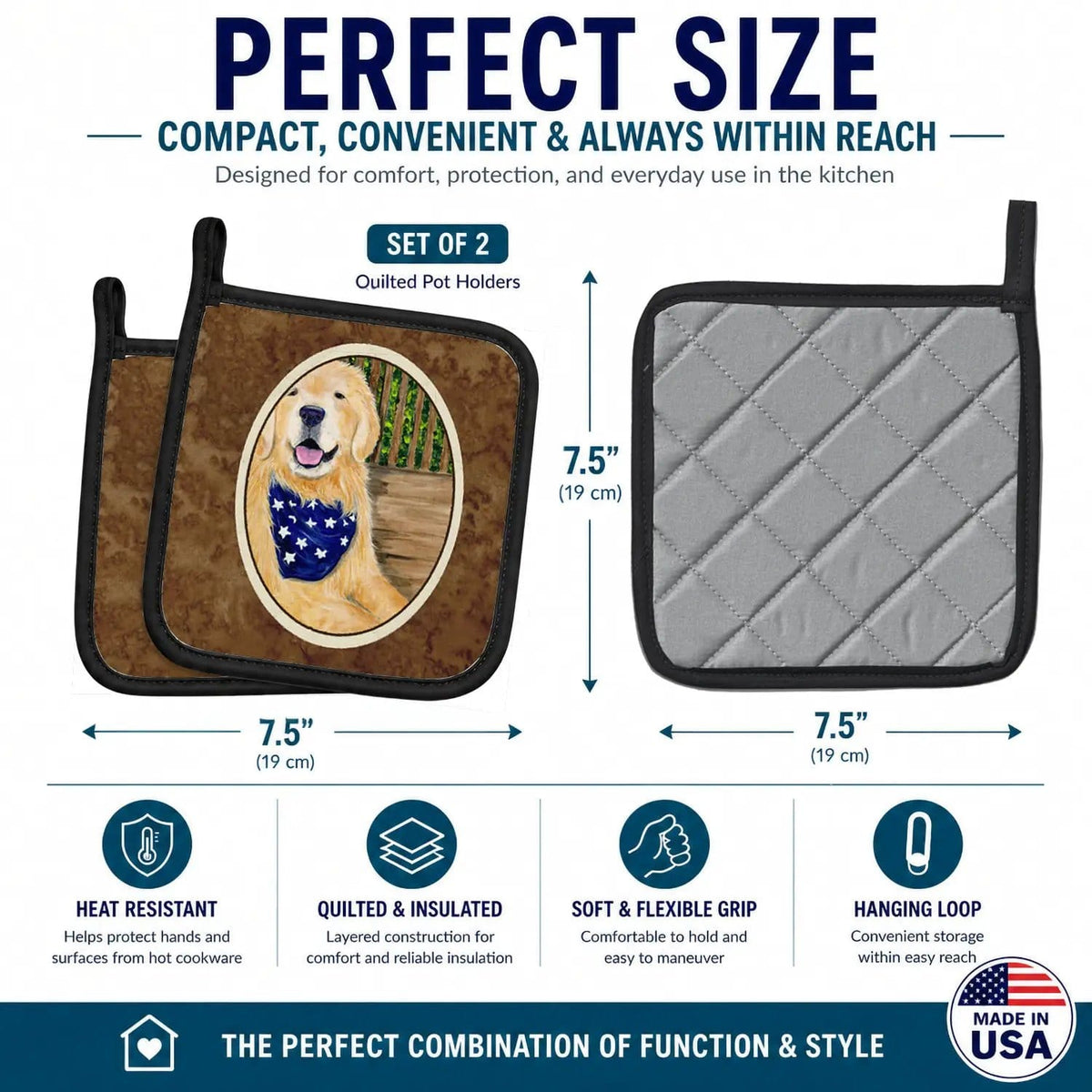 Pot Holder Set of 2 | Heat Resistant Quilted Hot Pads | 7.5 x 7.5 Inch | Golden Retriever (Style 24)