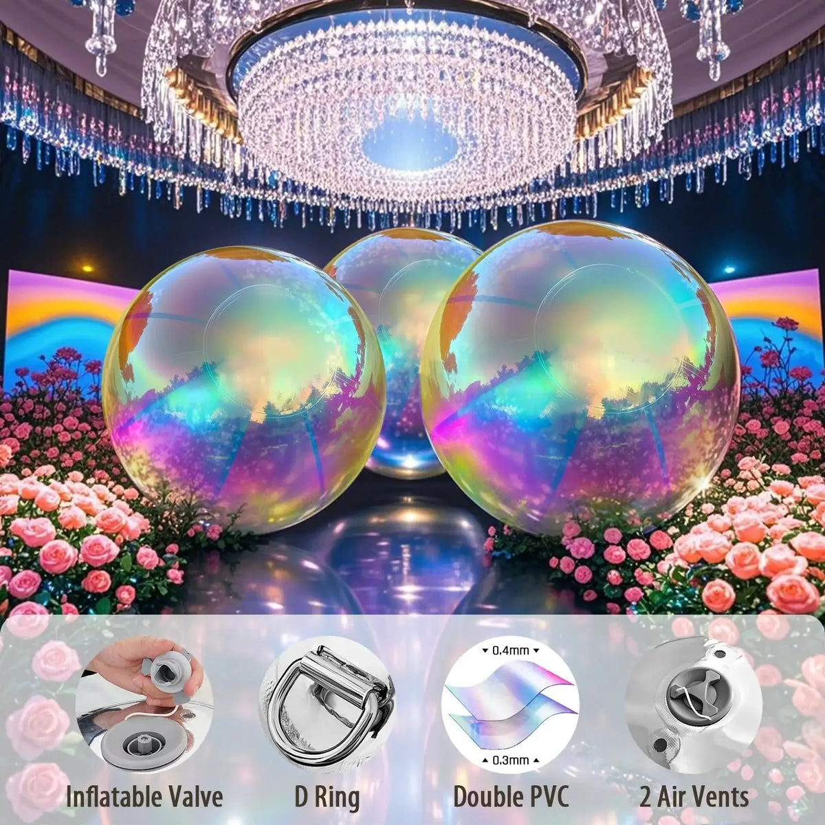 Inflatable Disco Ball | Iridescent PVC Coating | Hang And Stand | 6 Piece Set