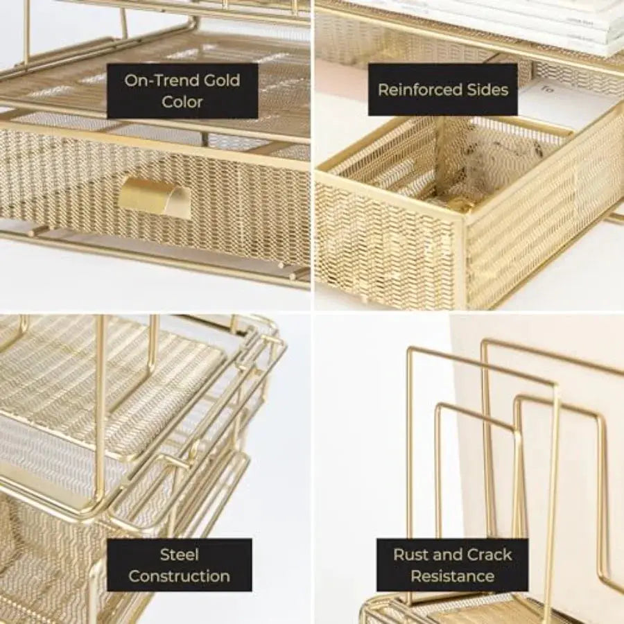 Gold Stackable Desk Organizer Set - 3 Stackable Paper Trays, File Sorter, and Drawer from PriceLows™