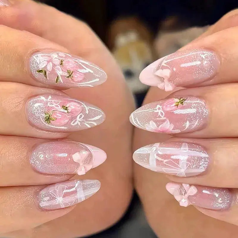 Press On Nails | 24 Pcs | Pink Strawberry Bow | Almond Shape