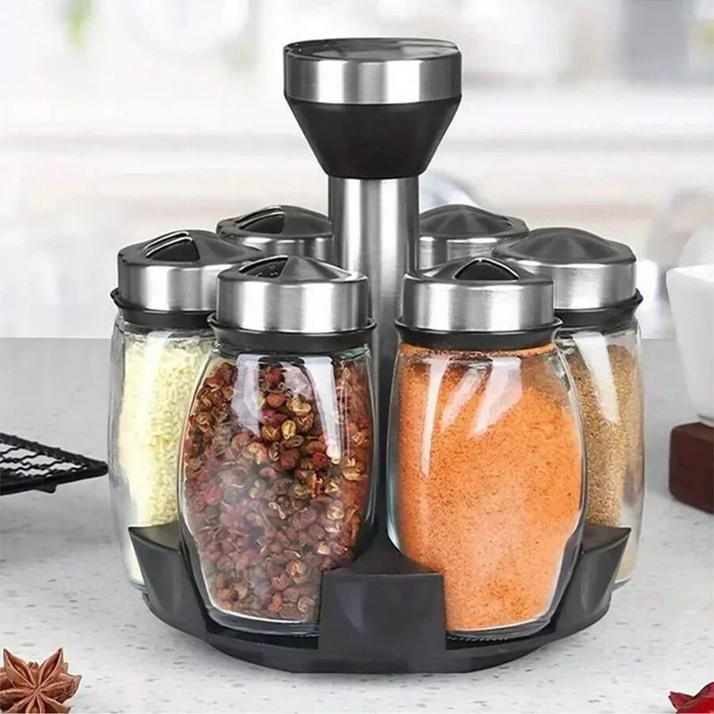Spice Jar Set | Rotating 360 Degree Glass Jars | Kitchen Storage Rack | 1 Set