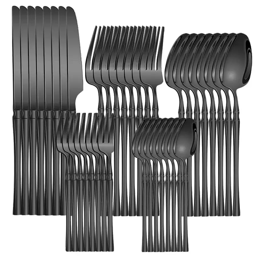 40/60-piece black stainless steel cutlery set, mirror polished, including dinner forks, steak knives, and soup spoons, suitable from PriceLows™
