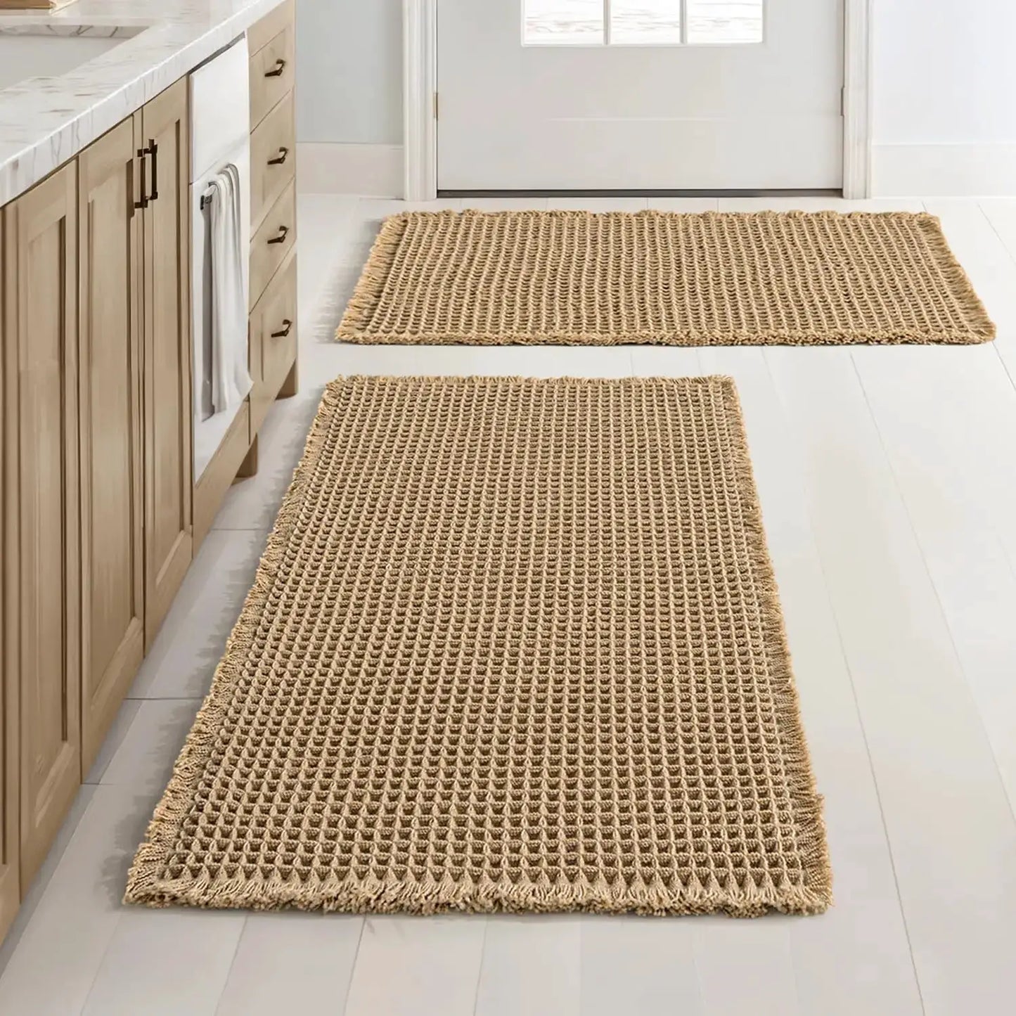 Waffle Bath Mat Set Non Slip Bathroom Rug Super Absorbent Soft Machine Washable Floor Mat with Tassels from PriceLows™