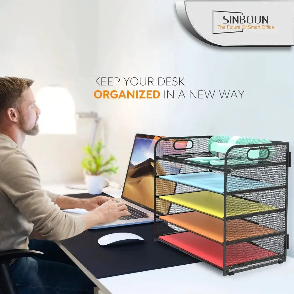 5-Tier Metal Letter Tray Paper Organizer | Desktop Document Shelf | With Handle from PriceLows™