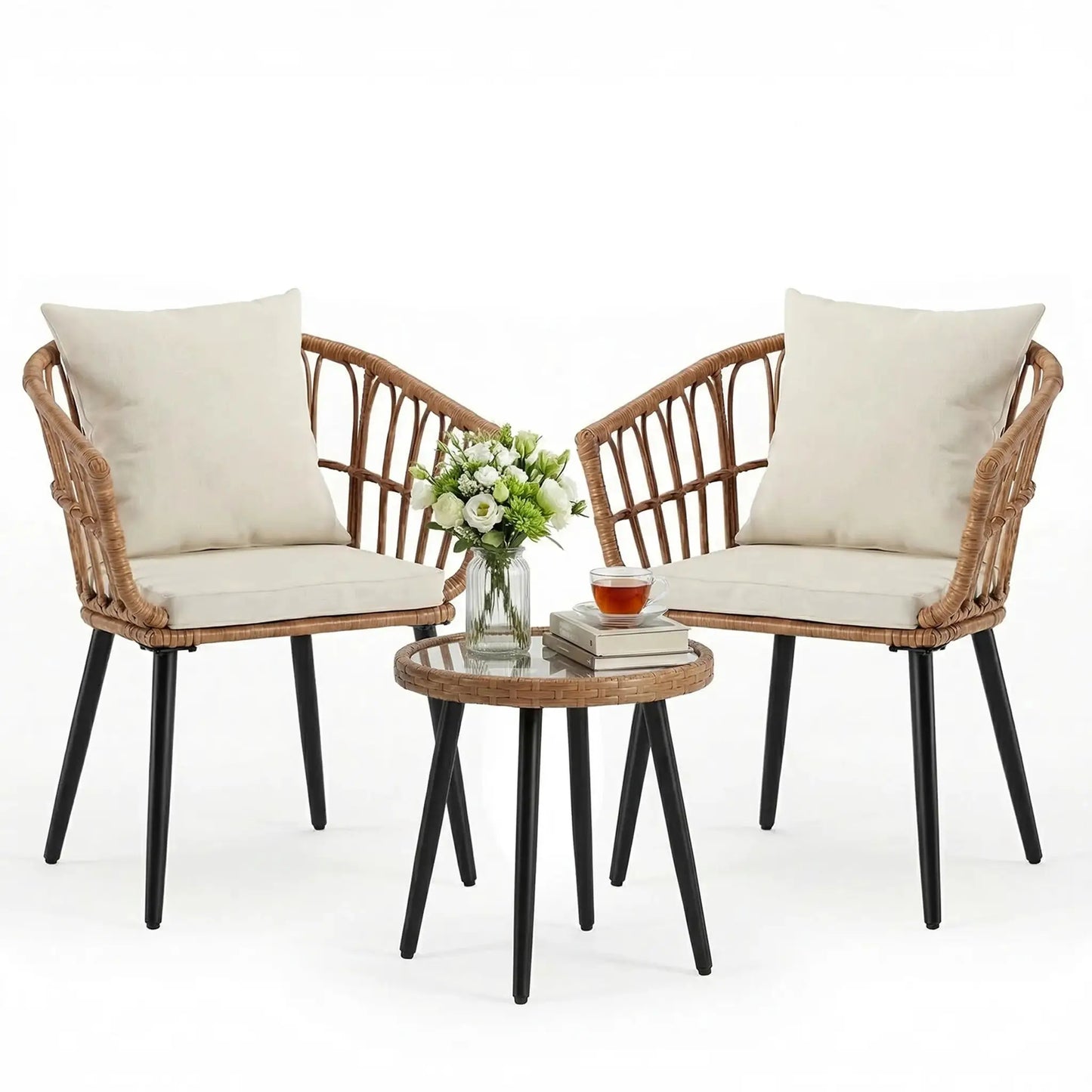 JHK 3 Pieces Wicker Patio Outdoor Set with Soft Cushion and Glass Steel Frame Table Manual Weaving Patio Chairs For Garden Lawn from PriceLows™