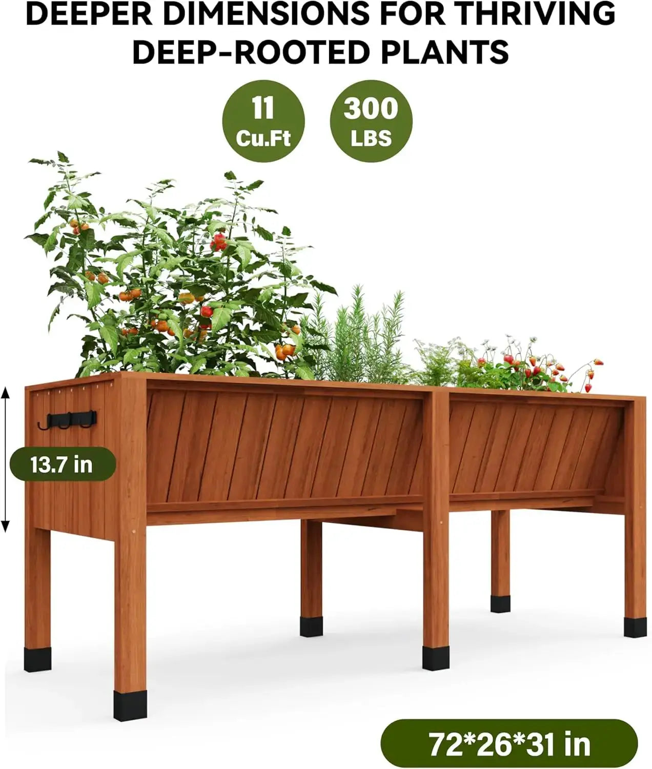 Raised Wooden Garden Bed with Tool Hooks, Elevated Planter Box with Legs, Rectangle Veg Trough Planter for Flower Vegetable from PriceLows™
