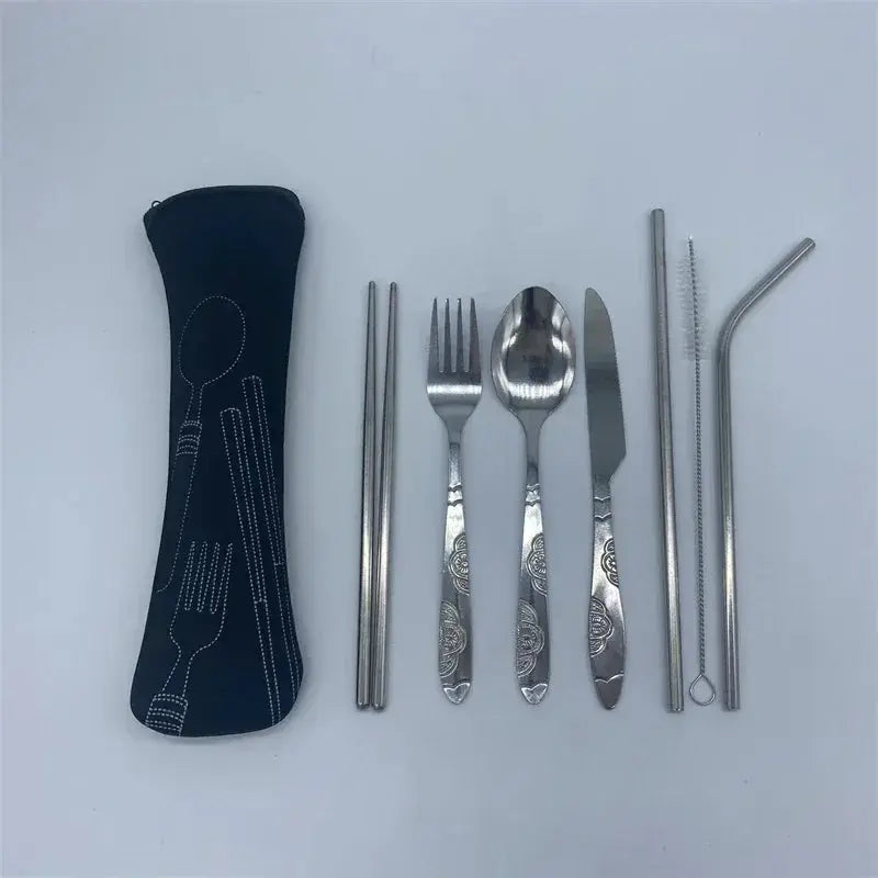 7/3 Pcs Stainless Steel Outdoor Camping Tableware Set Of Pieces Western Food Steak Knife Fork Spoon Creative Cloth Bag Portable from PriceLows™