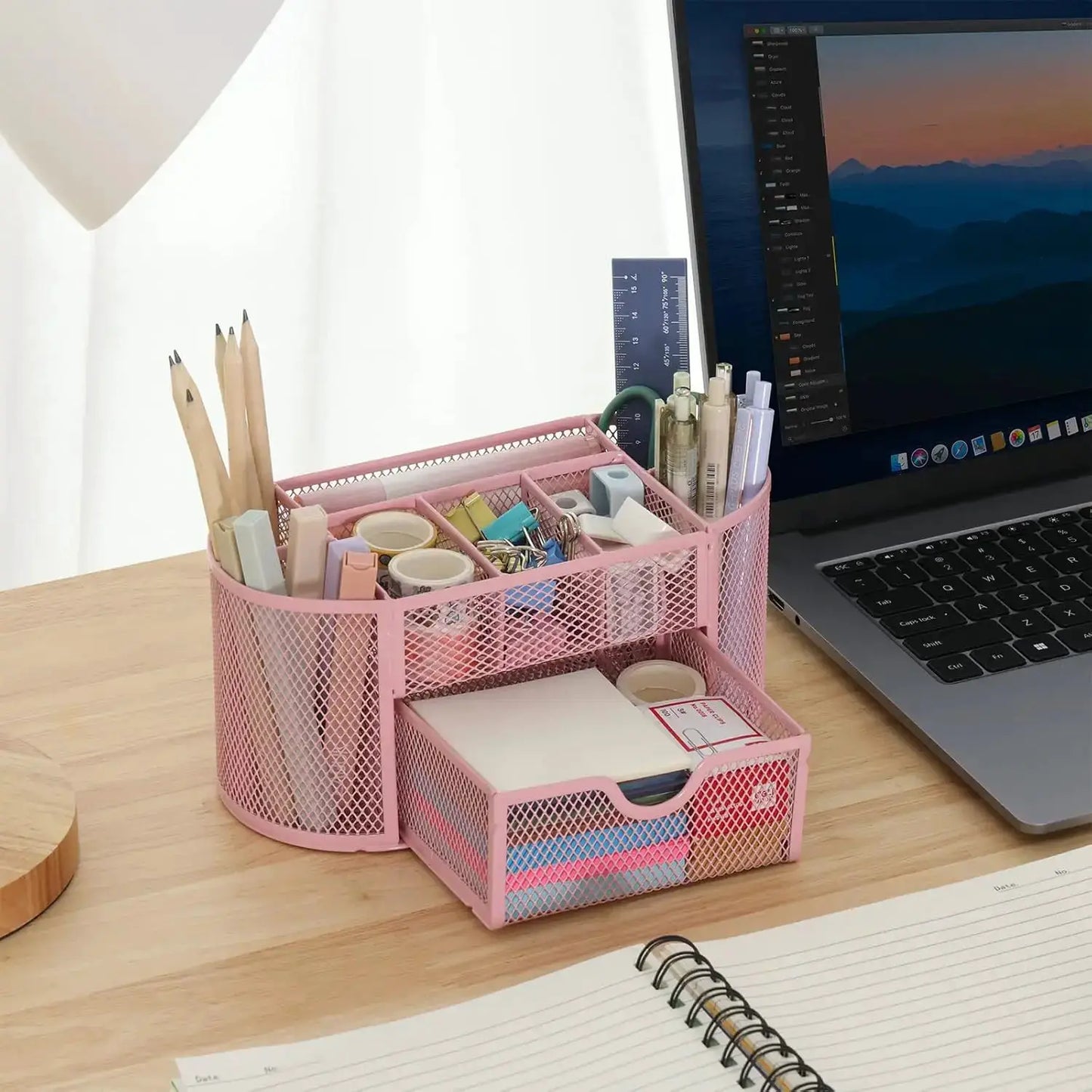 Desk Organizer | Pink Mesh 8 Compartments Drawer | 8.6 x 4.3 x 4.1 in from PriceLows™
