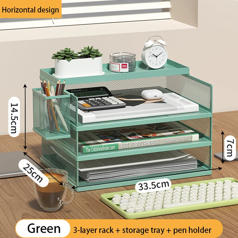 Stackable Letter Tray | 4-Tier | Green Metal | Pen Holder Included