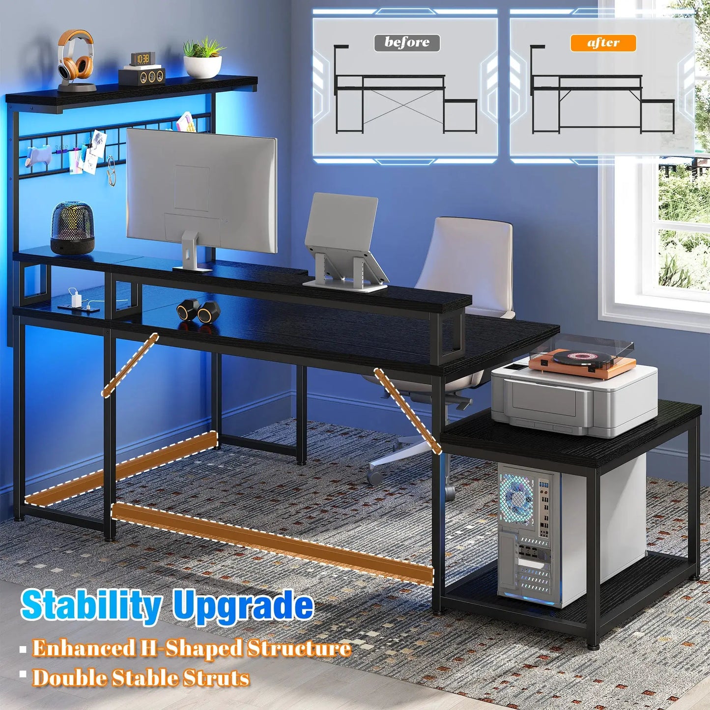 EnHomee 63.5"W L Shaped Gaming Desk with Power Outlets, LED Lights, Monitor Stand & Shelves for Home Office from PriceLows™