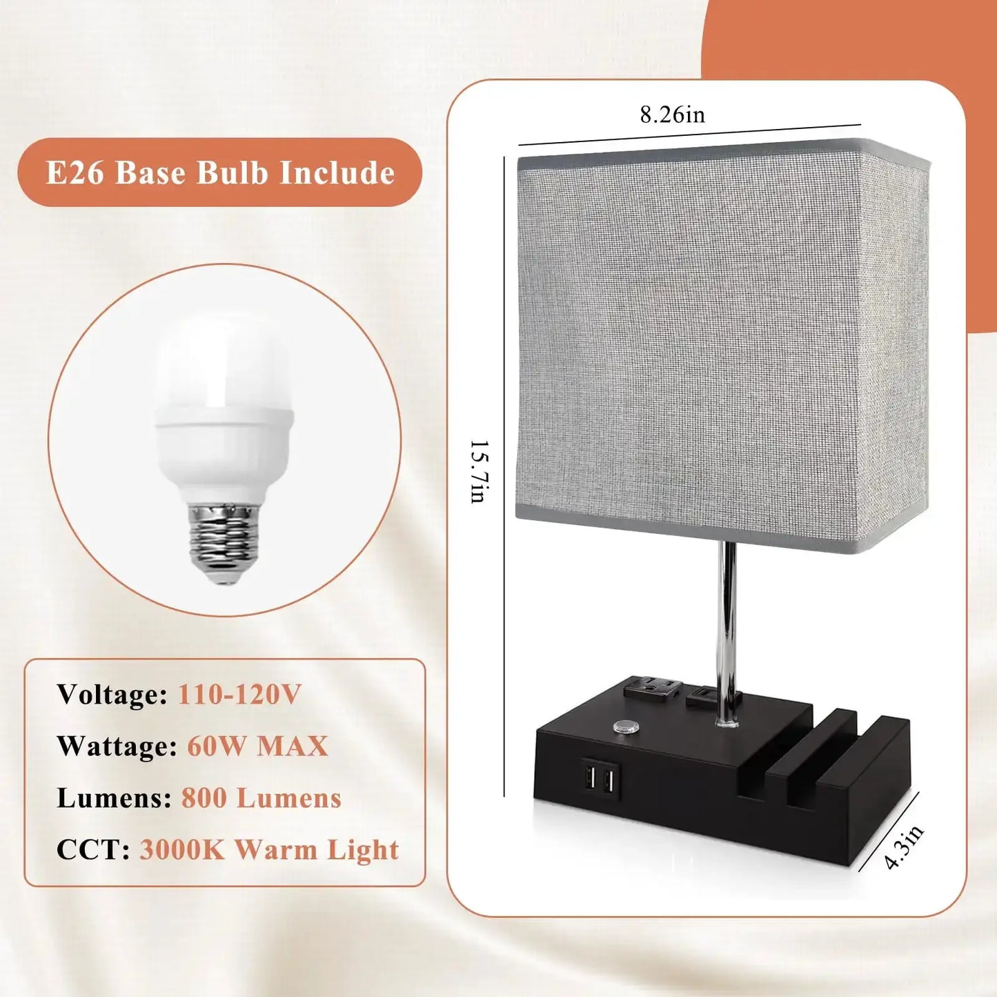 SZRSTH 15.7" Bedside Table Lamp for Bedroom, Dual Fast USB Charging Ports, Fully Dimmable Nightstand Lamps from PriceLows™