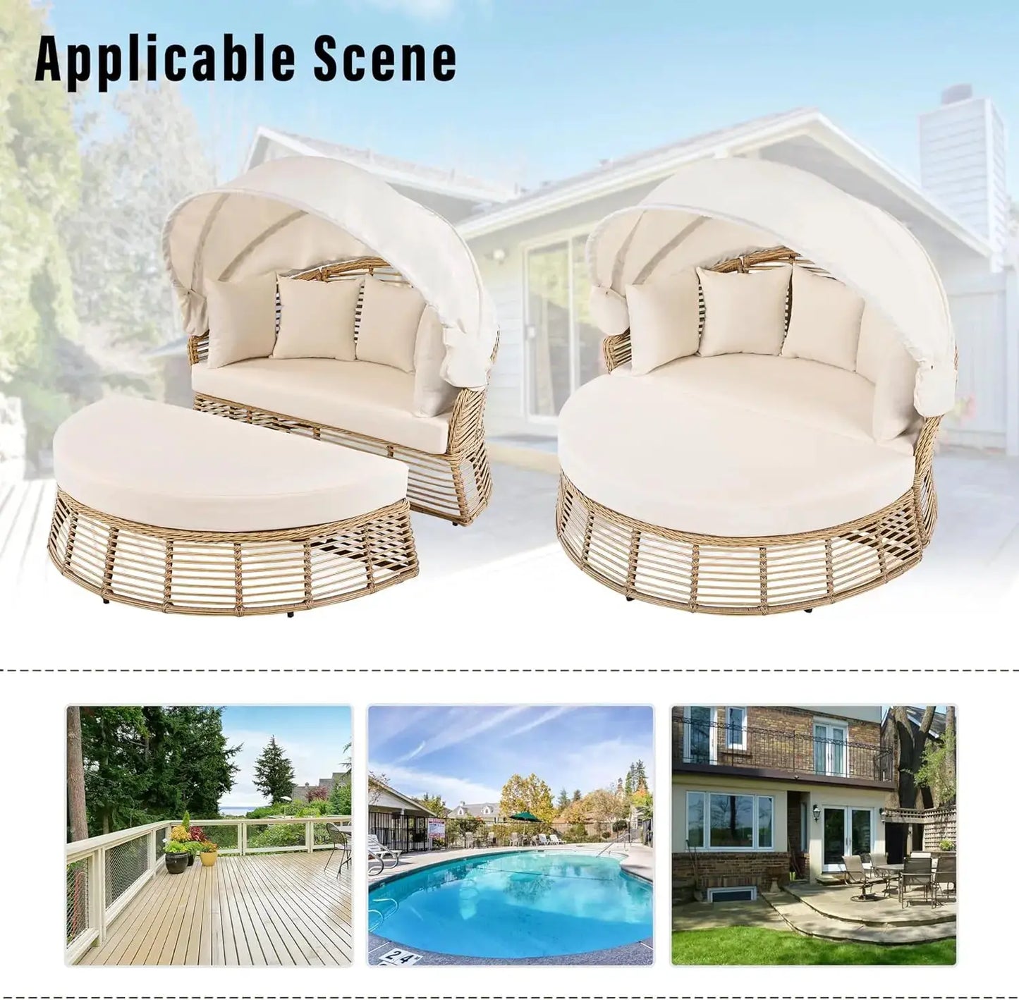 Outdoor Patio Rattan Round Daybed with Retractable Canopy Wicker Furniture Round Poolside Sofa Sunbed with Removable Cushions (B from PriceLows™