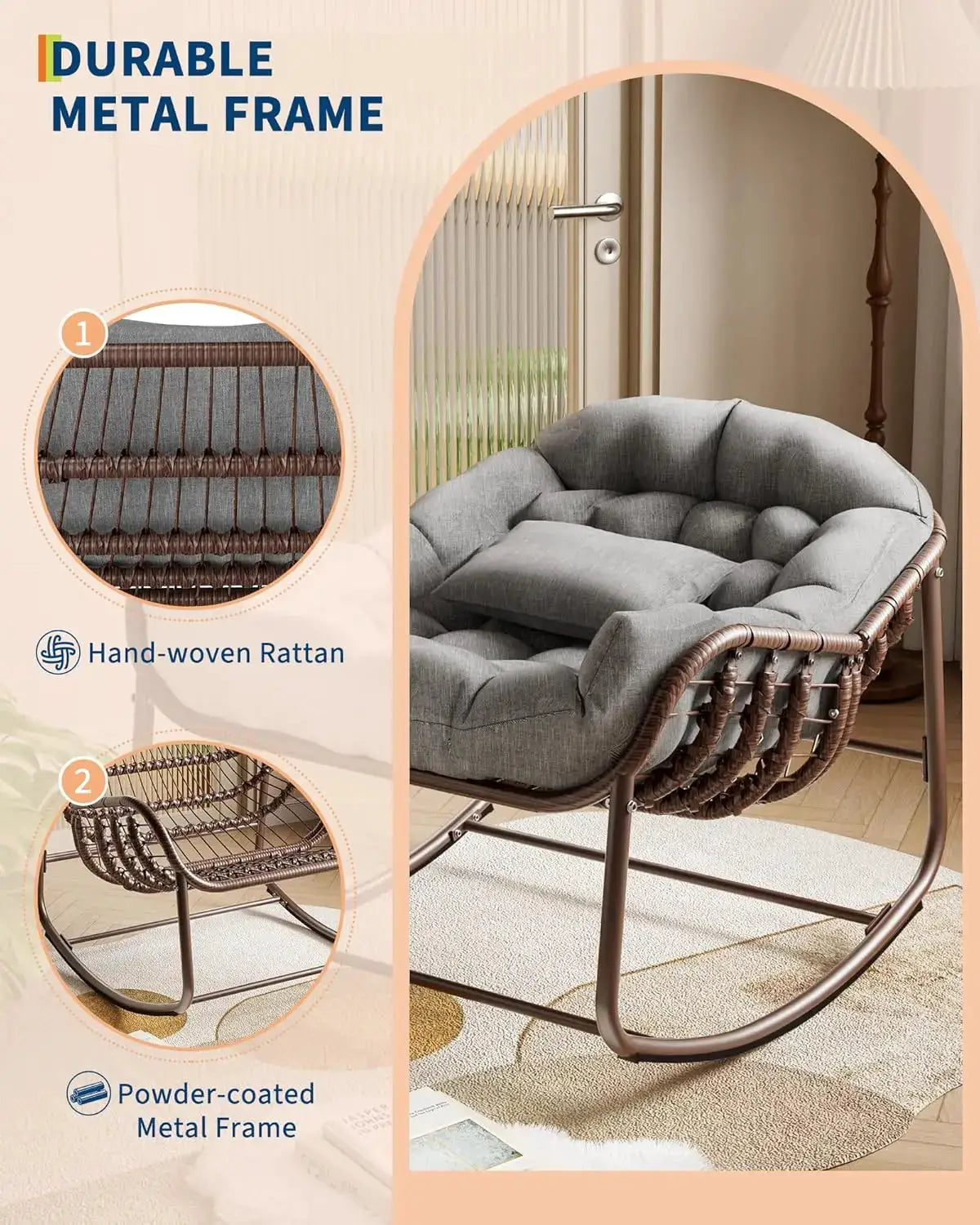 Oversized Patio Rocking Chair,Wicker Rattan Lounge Chair with Water-Resistant Cushion Sturdy Metal Frame for Balcony Garden from PriceLows™