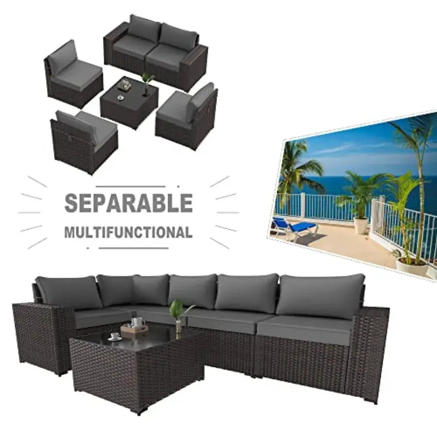 Outdoor patio furniture set: 6-piece brown PE rattan sectional sofa with grey cushions and tempered glass table, weather-resist from PriceLows™