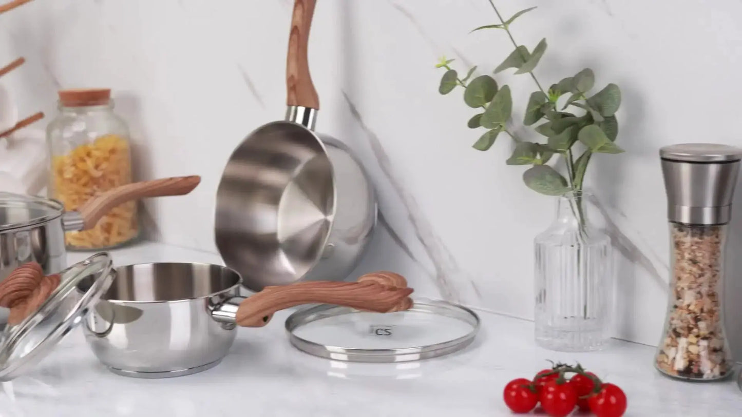 Set of 6 Stainless Steel Saucepans with Lids, Featuring a Cool-Touch Bakelite Handle, Including 1 QT, 2 QT, And 3 QT Sizes from PriceLows™