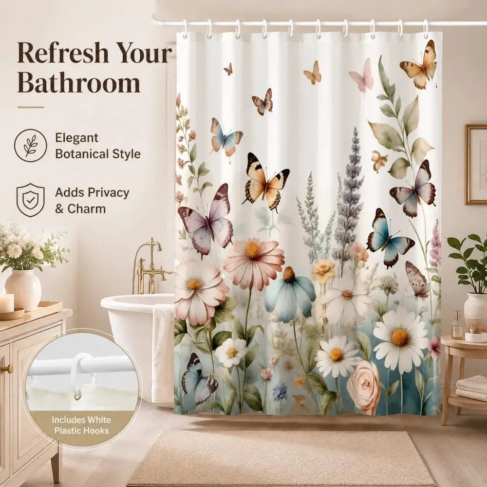 Butterfly Floral Shower Curtain Daisy Flower Print Bath Screen Waterproof Polyester Bathroom Decoration Set All Season Universal from PriceLows™