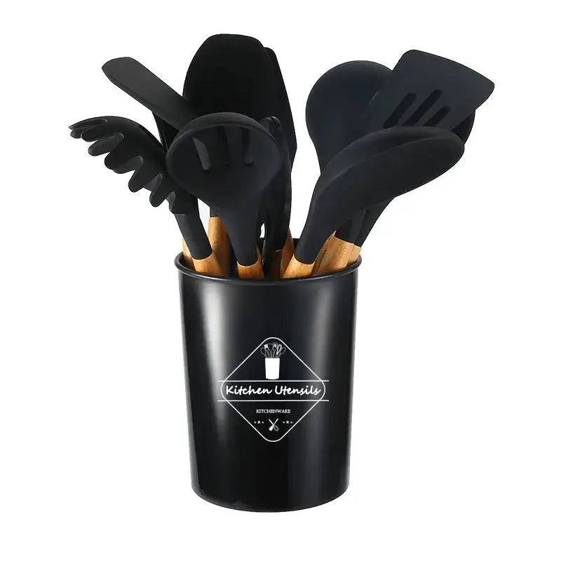 12-piece Wooden Handle Kitchenware Set Silicone Non-stick Cooking Spatula Baking Set with Storage Bucket from PriceLows™
