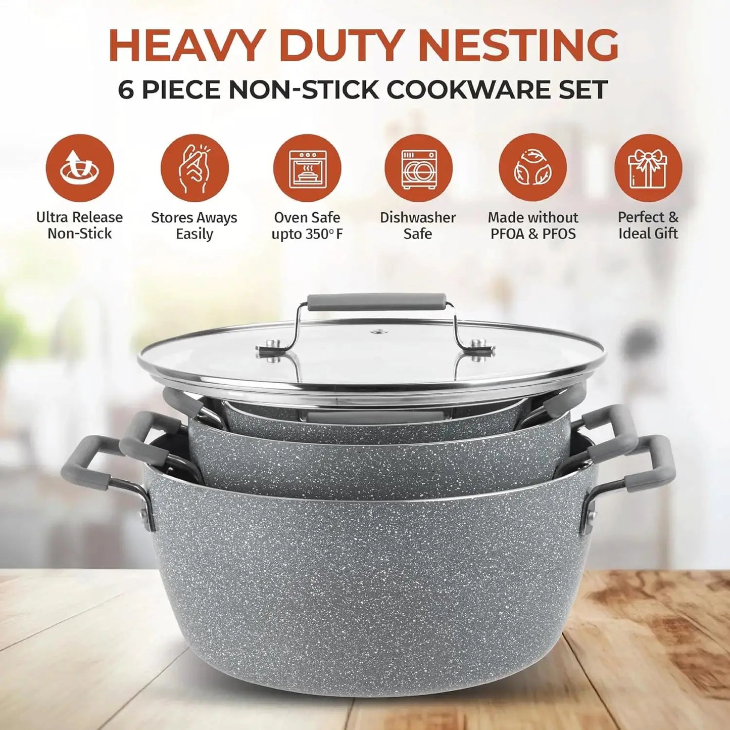 Nonstick Pots and Pans Set, 6 Piece Stackable Cookware with Lids, Stay Cool Handles Dishwasher Safe from PriceLows™