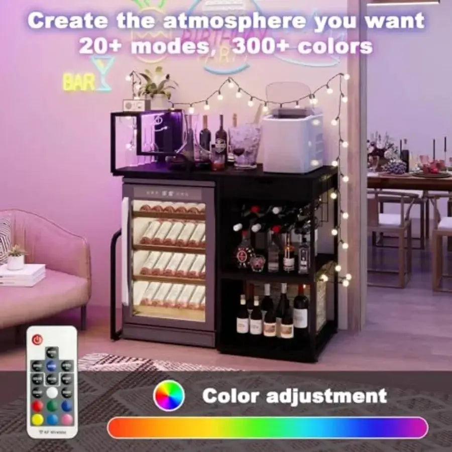 Wine Bar Cabinet with Mini Fridge Space and Pull-Out Drawer for Dorm Living Room Kitchen, Black Metal Wood, LED Light, Whiskey from PriceLows™