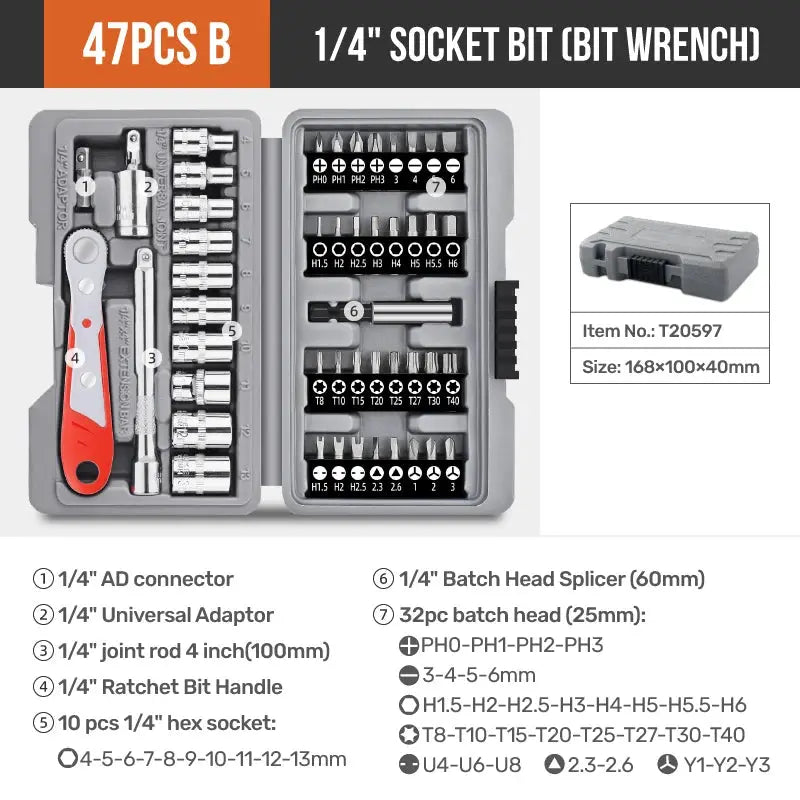 Hi-Spec 1/4" Drive Quick-Release 40 in 1 Ratchet Socket Bit Set Cr-V Steel Phillips/Slotted Screwdrivers for Repair & Hand Tools from PriceLows™