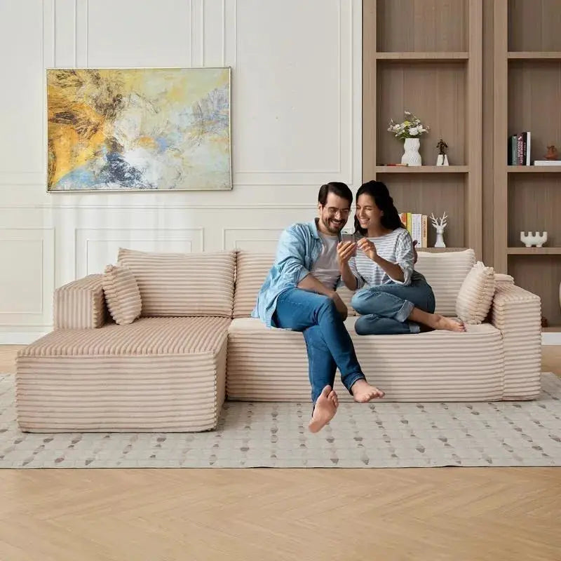 Compression Sectional Couch with Comfy Chaise, Boneless L Shape Sofa with Deep Seat, Minimalist Modular Couches Sleeper for Living Room Bedroom Apartment Lounge,corduroy,Beige from PriceLows™