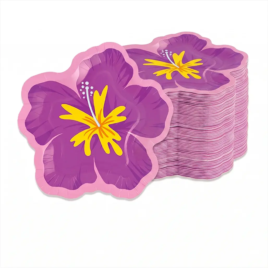 Hibiscus Flower Paper Plates | Tropical Hawaiian Design | Disposable Dessert Serveware