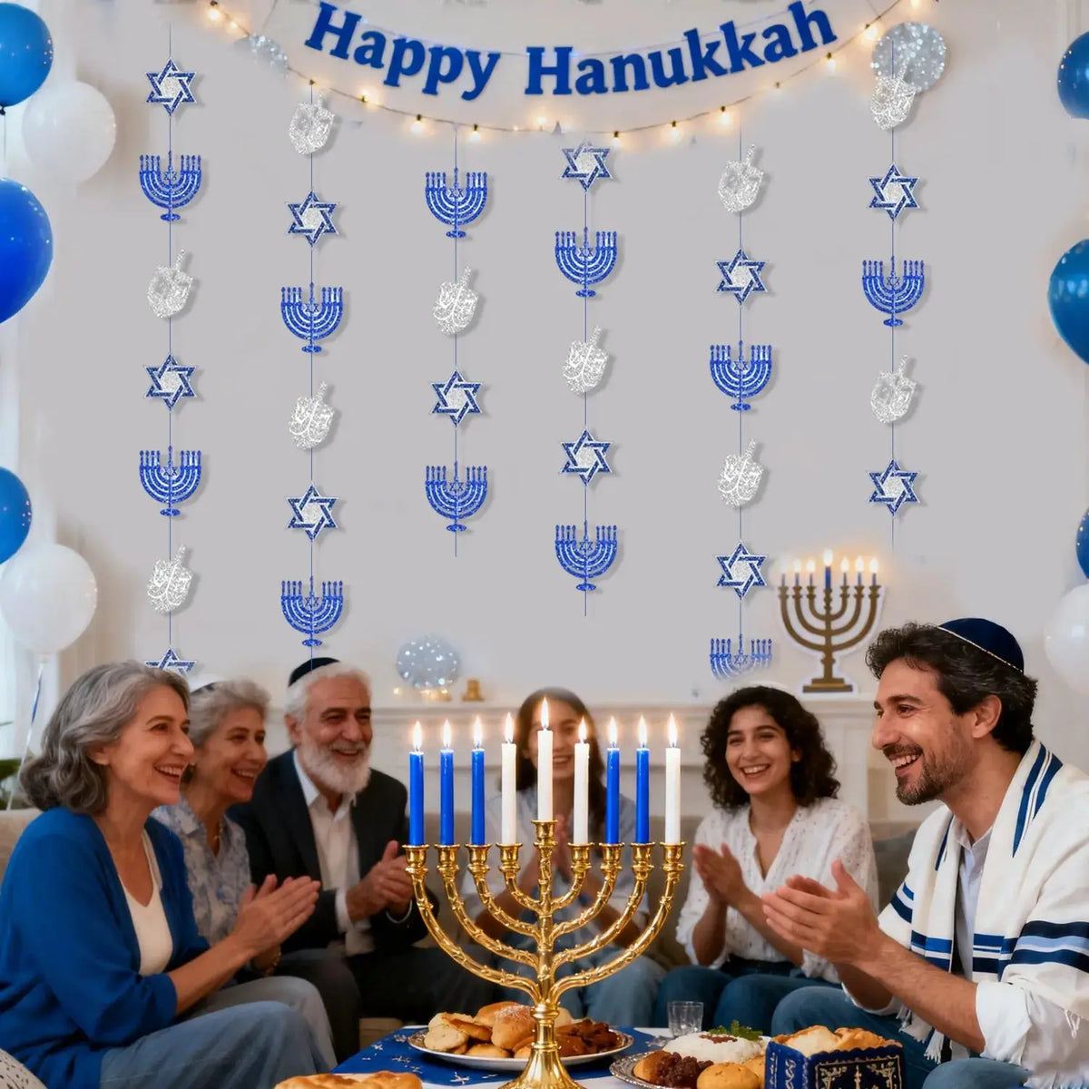 Hanukkah Decoration Garland | Blue Glitter String | Paper Holiday Decor