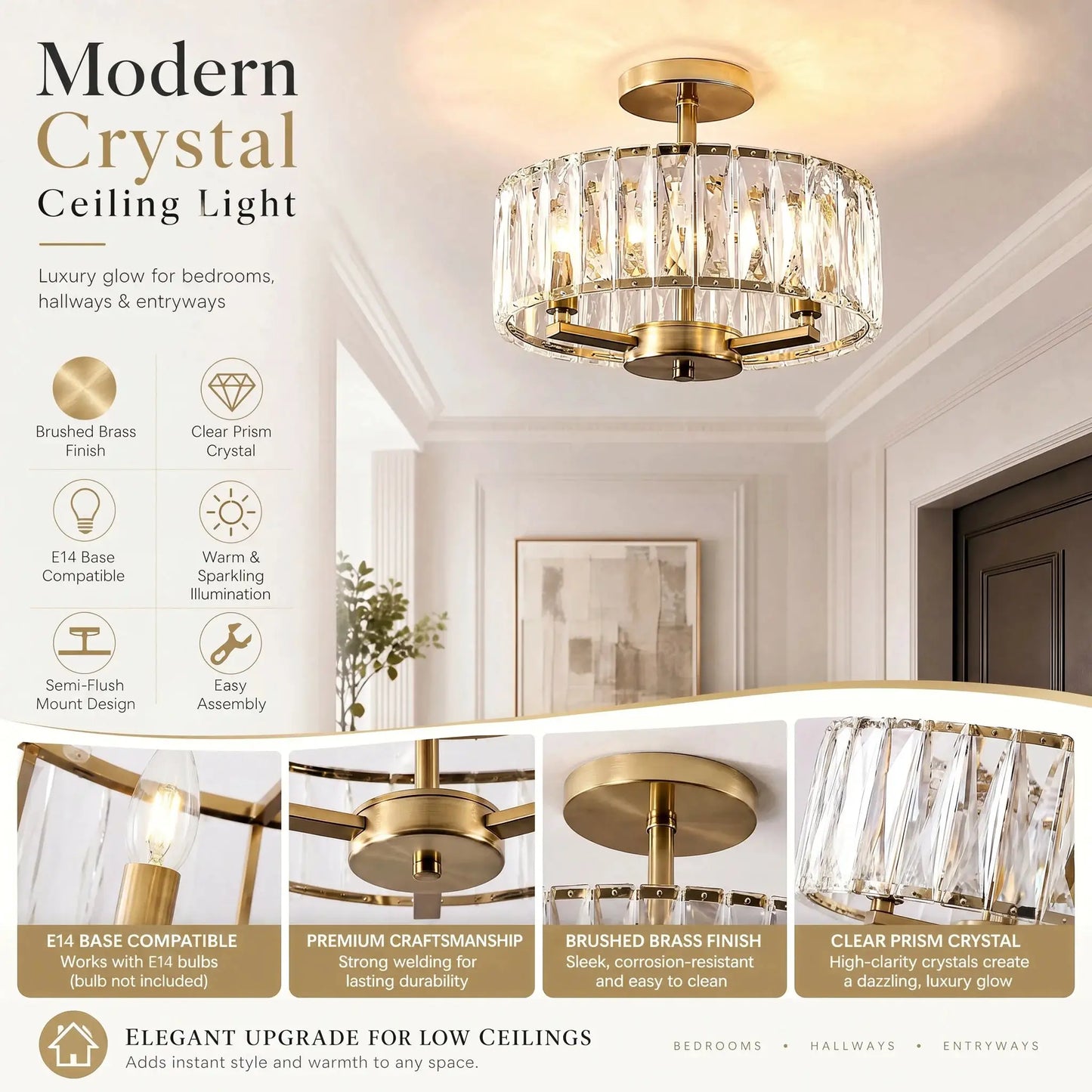 Modern Gold Ceiling Light, Round K9 Crystal Semi Flush Mount Fixture for Hallway Living Room Kitchen Island Dining Room Foyer from PriceLows™