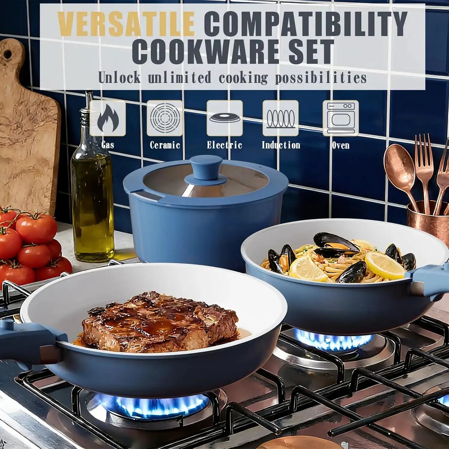 Non Stick Pots and Pans Set, 21 Pcs Ceramic Cookware with Detachable Handles, Induction Ready, Oven Safe, PFAS & PFOA Free, Navy from PriceLows™