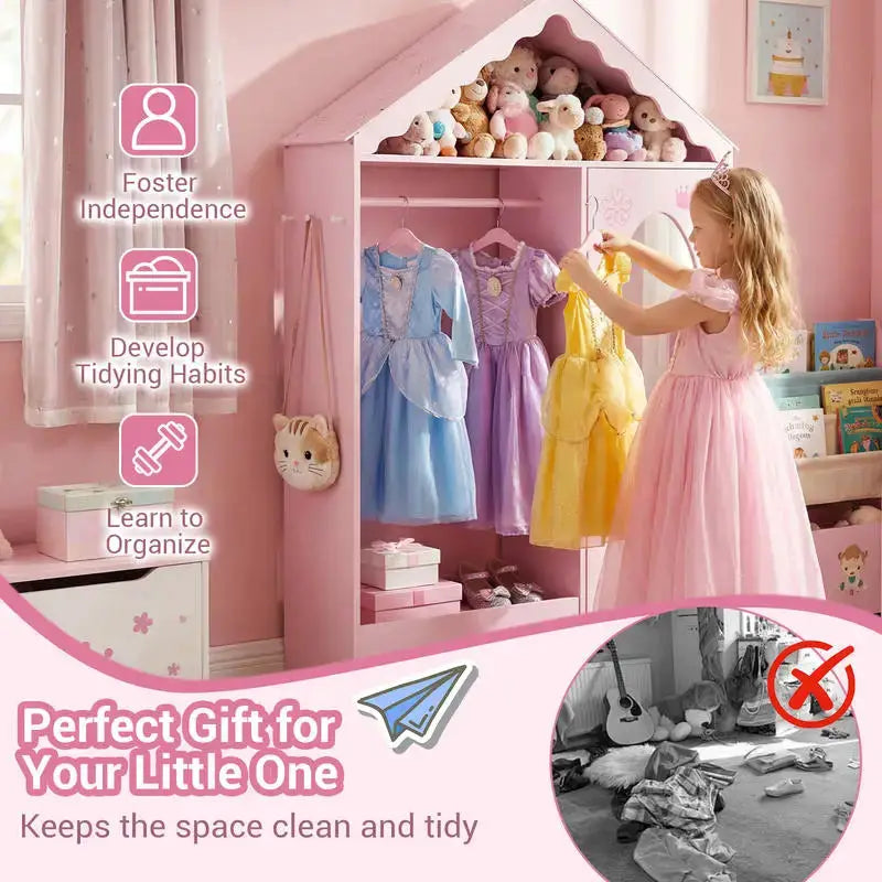 Kids Dress Up Storage with Mirror Roofed Wardrobe Closet with Open Hanging Rack-Pink from PriceLows™
