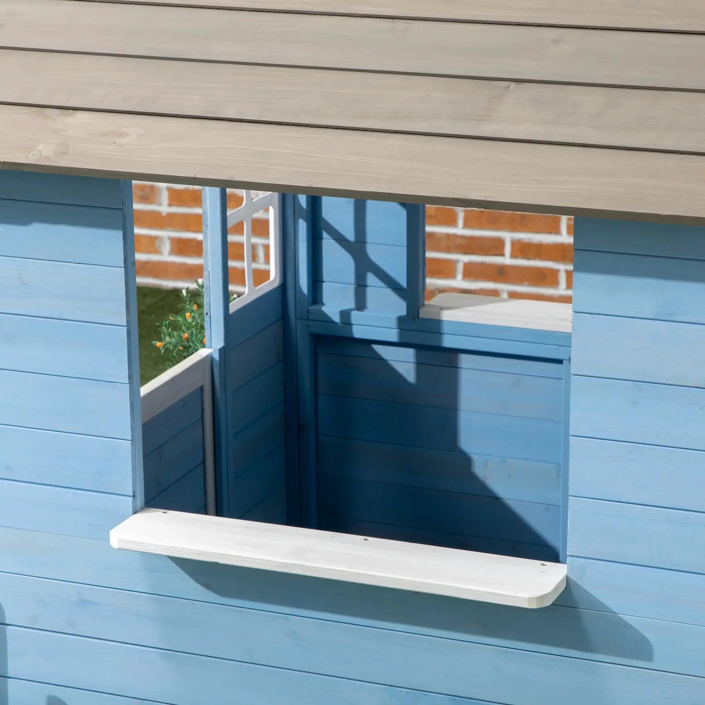 Outsunny Playhouse for Kids Outdoor, Country Style Wooden Playhouse with Flower Pot Holders, Working Door, Windows from PriceLows™