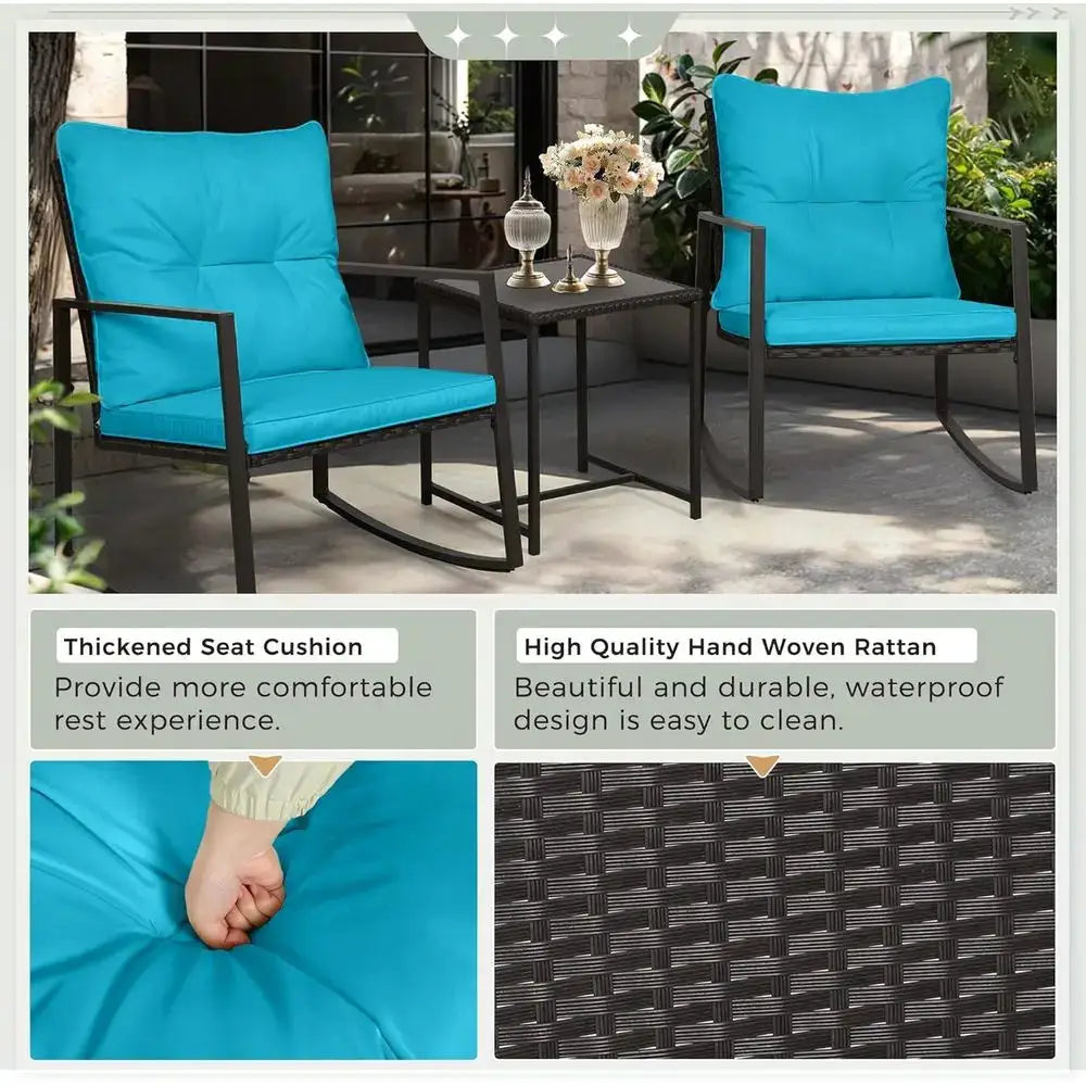 3-Piece Black Wicker Outdoor Rocking Bistro Set with Light Blue Cushions and Glass Coffee Table from PriceLows™