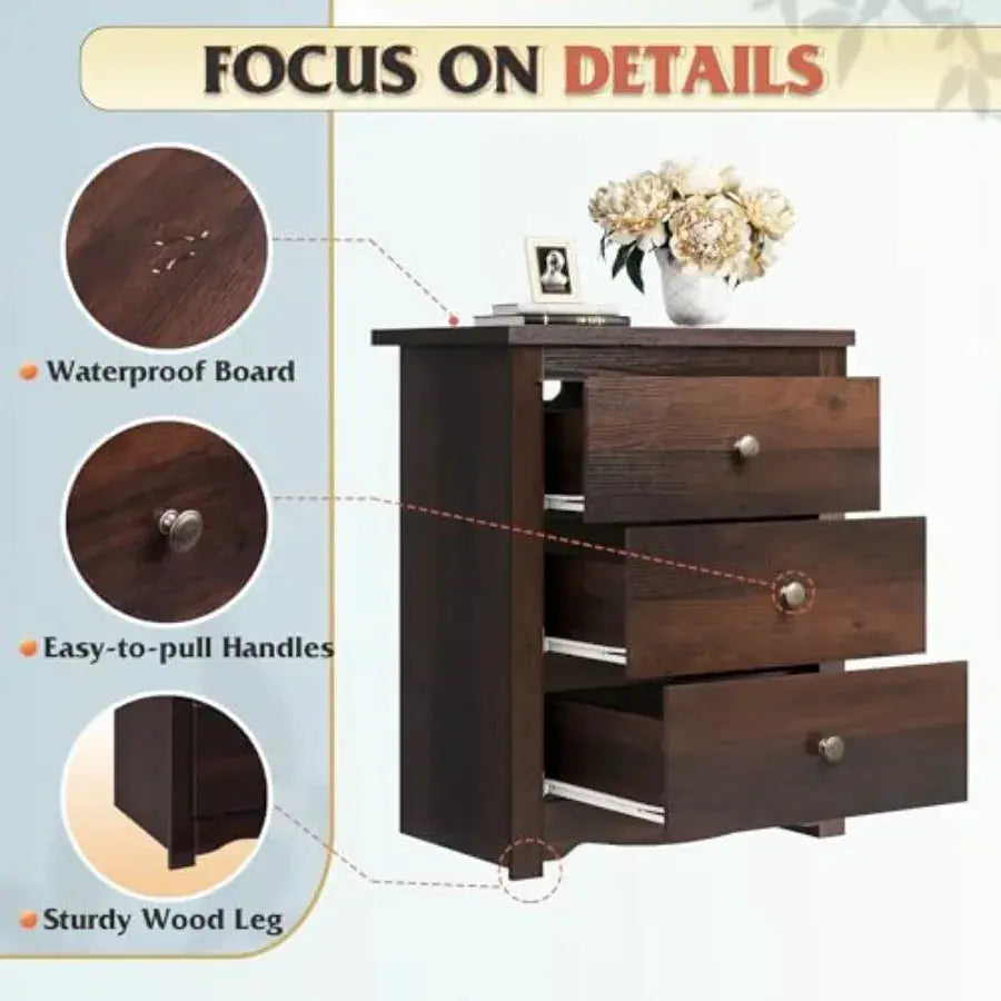 Tall Nightstand with Charging Station, Wood Night Stand with 3 Drawers Storage, Bedside Table End Side Tables with 2 USB Ports from PriceLows™