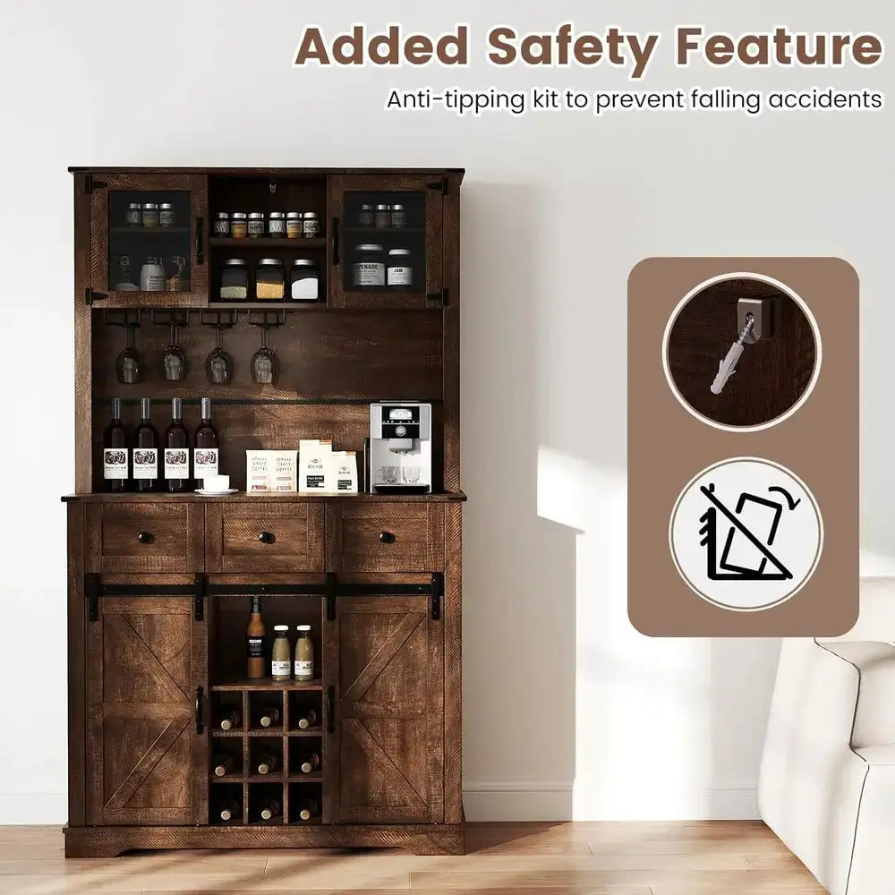 72 Coffee Bar Cabinet with Glass Doors & Wine Racks, Tall Pantry with Drawers and Sliding Barn Doors, Brown from PriceLows™