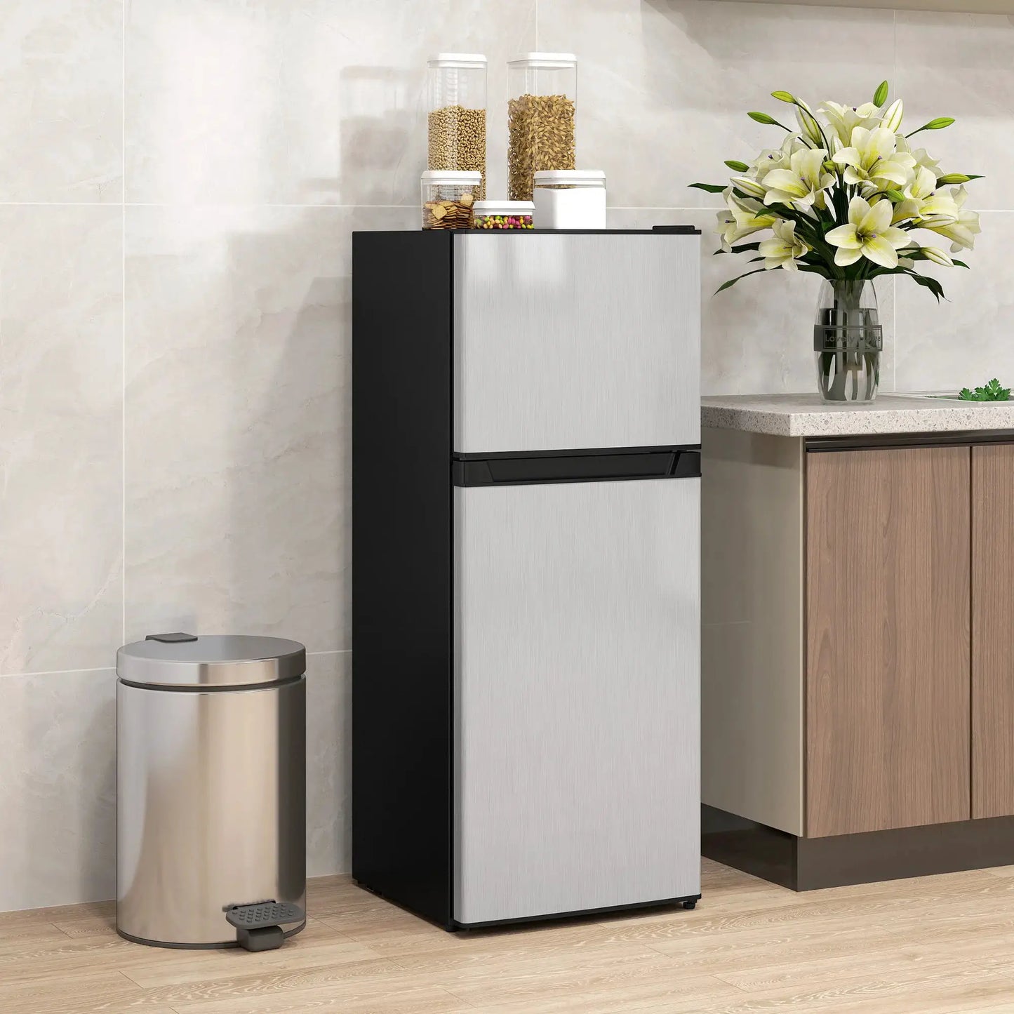 Black & Silver 2 Door Mini Fridge with Freezer, Compact Refrigerator (-4℉~10.4℉ Freezer & 28.4℉~50℉ Fridge), for Bedroom, Dorm, Office, Apartment, Keep Food & Drinks Fresh from PriceLows™