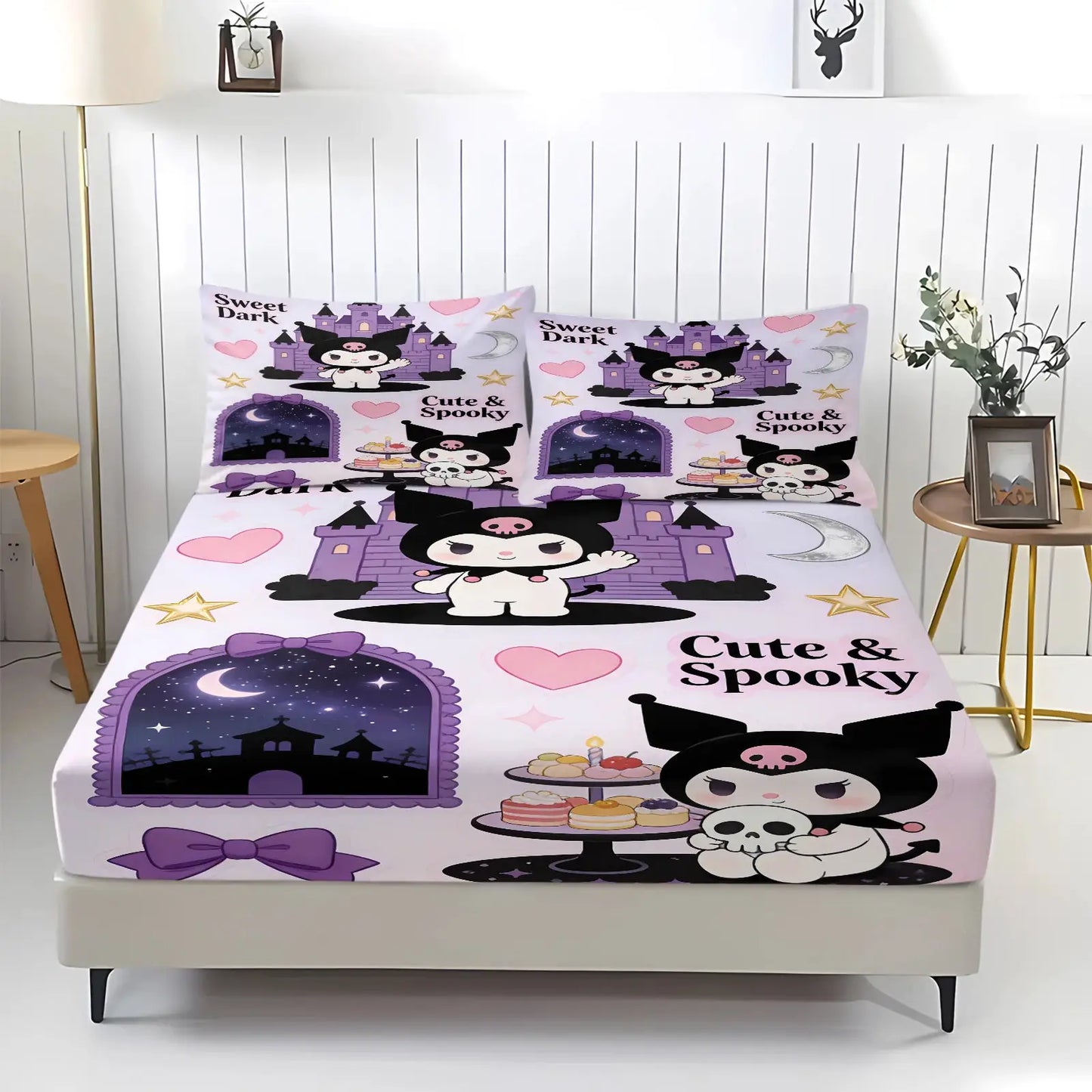 Sanrio Kuromi Magical Castle Fitted Sheet Set Cute Dark Anime Bed Sheet Pillowcases Girl Bedroom Soft Cartoon Mattress Protector from PriceLows™