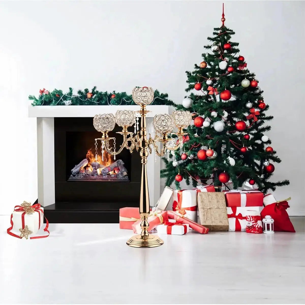 Candelabra | 5 Arm | Gold Metal And Crystal | Table Centerpiece