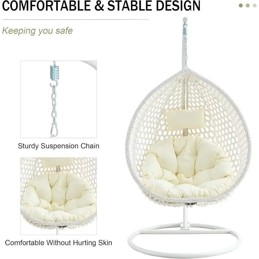White Outdoor Indoor Hanging Egg Chair with Stand & Cushions, Perfect for Patio, Balcony, Backyard, and Living Spaces from PriceLows™