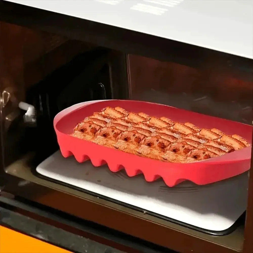 Microwave Bacon Pan | With Lid | Red Wave Nonstick Design | 27.5x24.5x6.5 cm