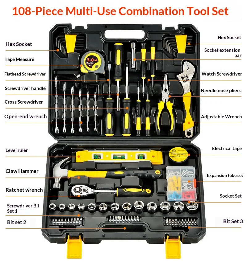 108 Pcs/set Socket Wrench Auto Repair Tool Combination Package Mixed Tool Set Hand Tool Kit with Plastic Toolbox Storage Case from PriceLows™
