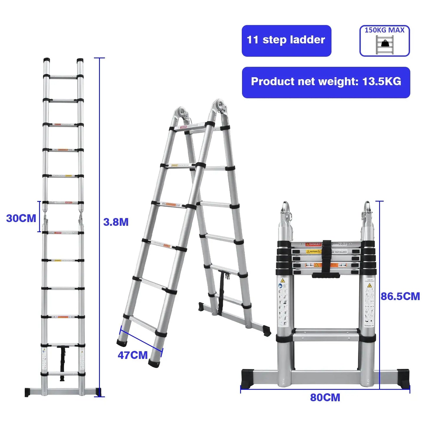 3.8M/5M Aluminium Telescopic Ladder ,Heavy Duty Multi-Purpose A-Frame Sturdy Folding Ladder ,No-slip,150kg Load Capacity from PriceLows™