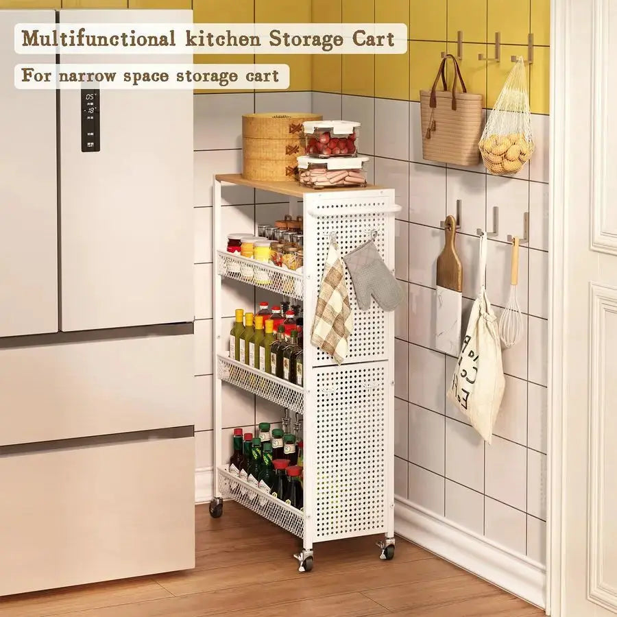 Slim Storage Cart 4 Tier Small Rolling Kitchen Laundry Room Organization Cart with Wood Top Metal Narrow Laundry Room Shelves Ca from PriceLows™