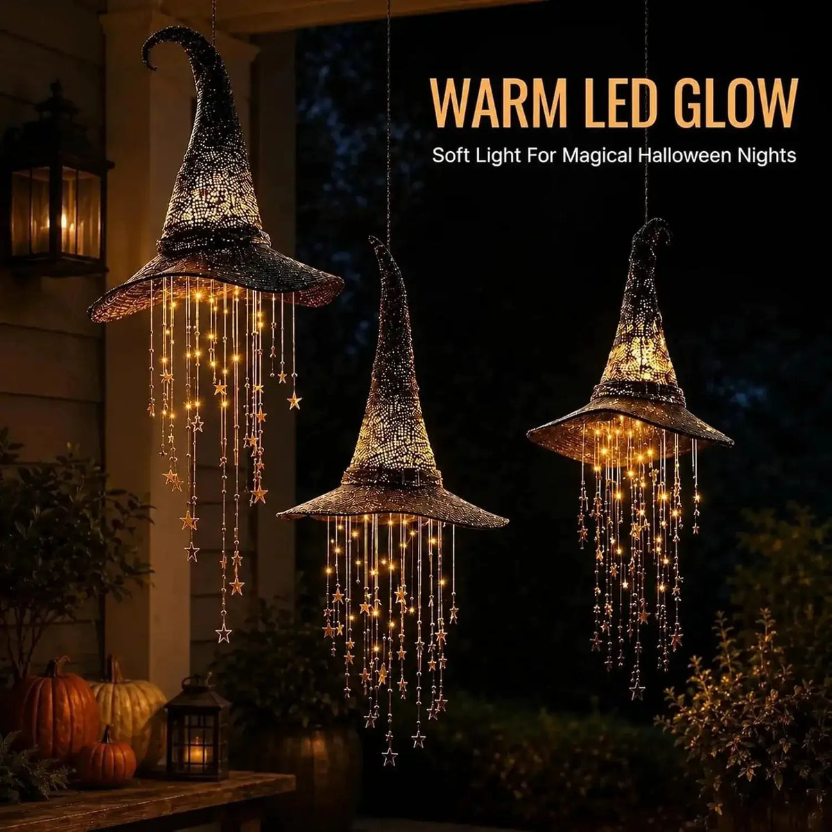 Lighted Witch Hat Hanging Chime | Halloween Outdoor Decor | Mesh Star Cascade