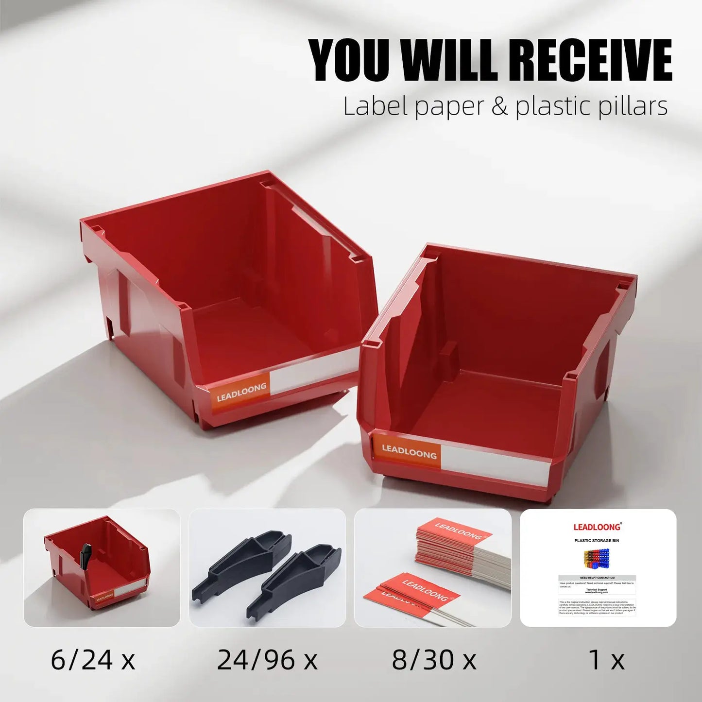 6/24 Pcs Red Stackable Plastic Parts Bins - 5"x4"x3" Garage Tool Storage Containers - Heavy-Duty Organizer Bins for Workshop from PriceLows™