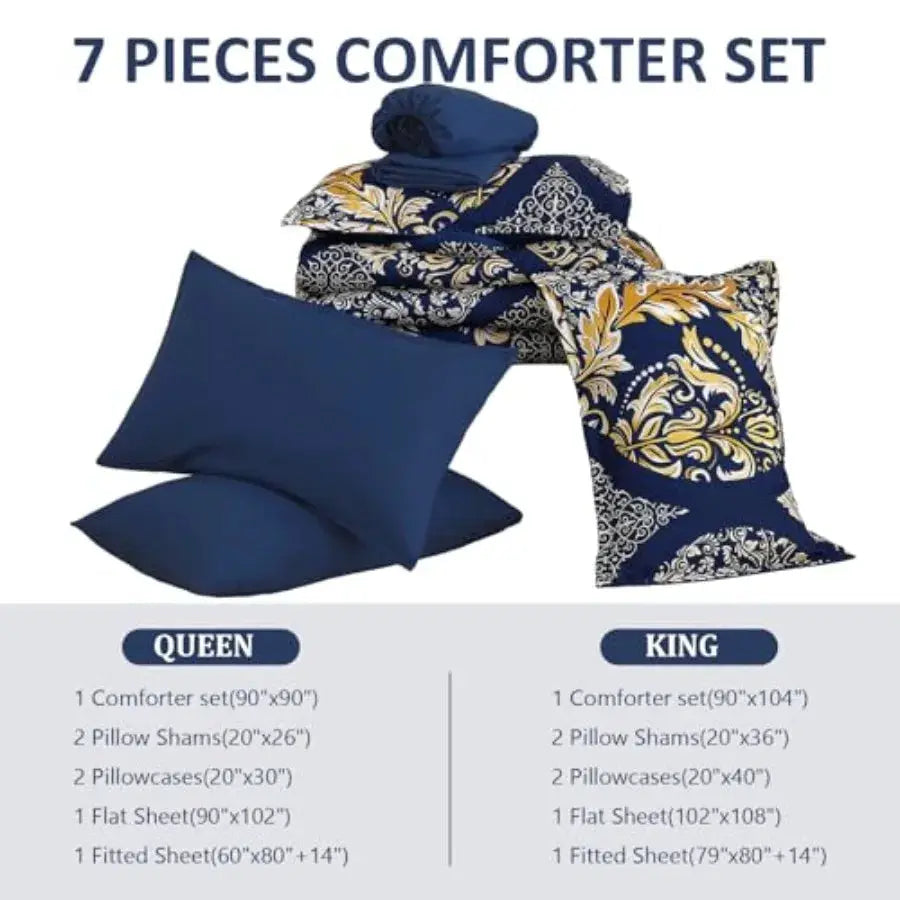 Navy Blue Gold Comforter Set Queen Size 7 Pieces Bohemian Damask Comforter Set Soft Lightweight Microfiber Bedding Set for All from PriceLows™